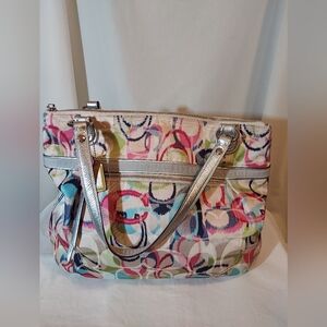 Coach Poppy Ikat Signature C Glam Tote With Silver Leather Trim & Handles